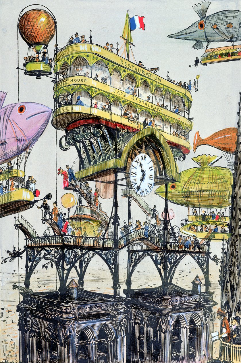 Központi repülőgép-állomás Notre-Dame-ben (Párizs), illusztráció a „Le XXeme siecle, La Vie Electrique” c. 1890 (színes metszet) alkotó: Albert Robida