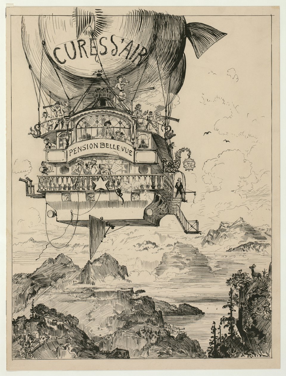 Légkúrák a hegyben, kocsma. 1883 alkotó: Albert Robida