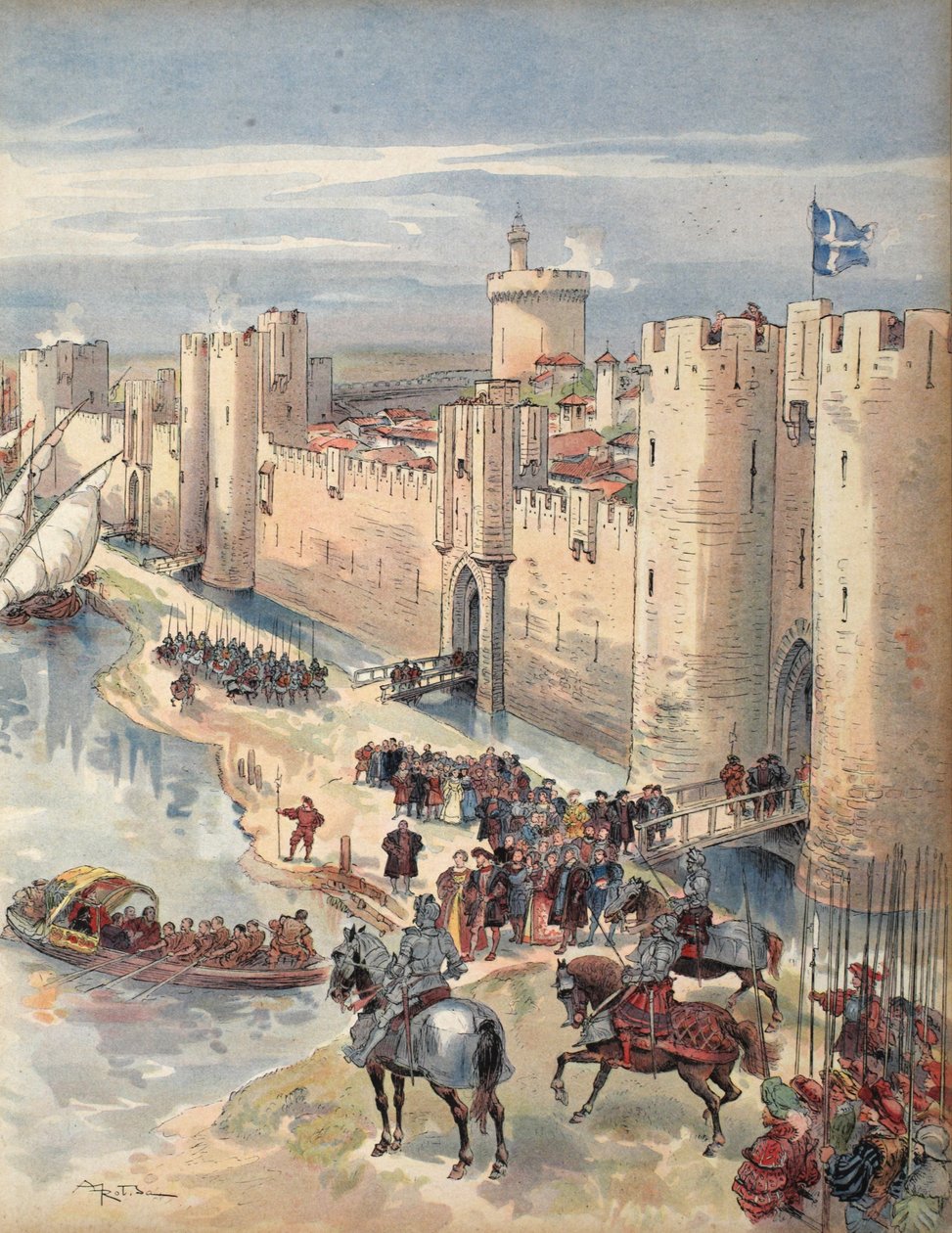 Aigues-Mortes interjúja, illusztráció a "Francois Ier: George G. Toudouze, kiadó: Le Roi Chevalier, George G. Toudouze. 1909 alkotó: Albert Robida