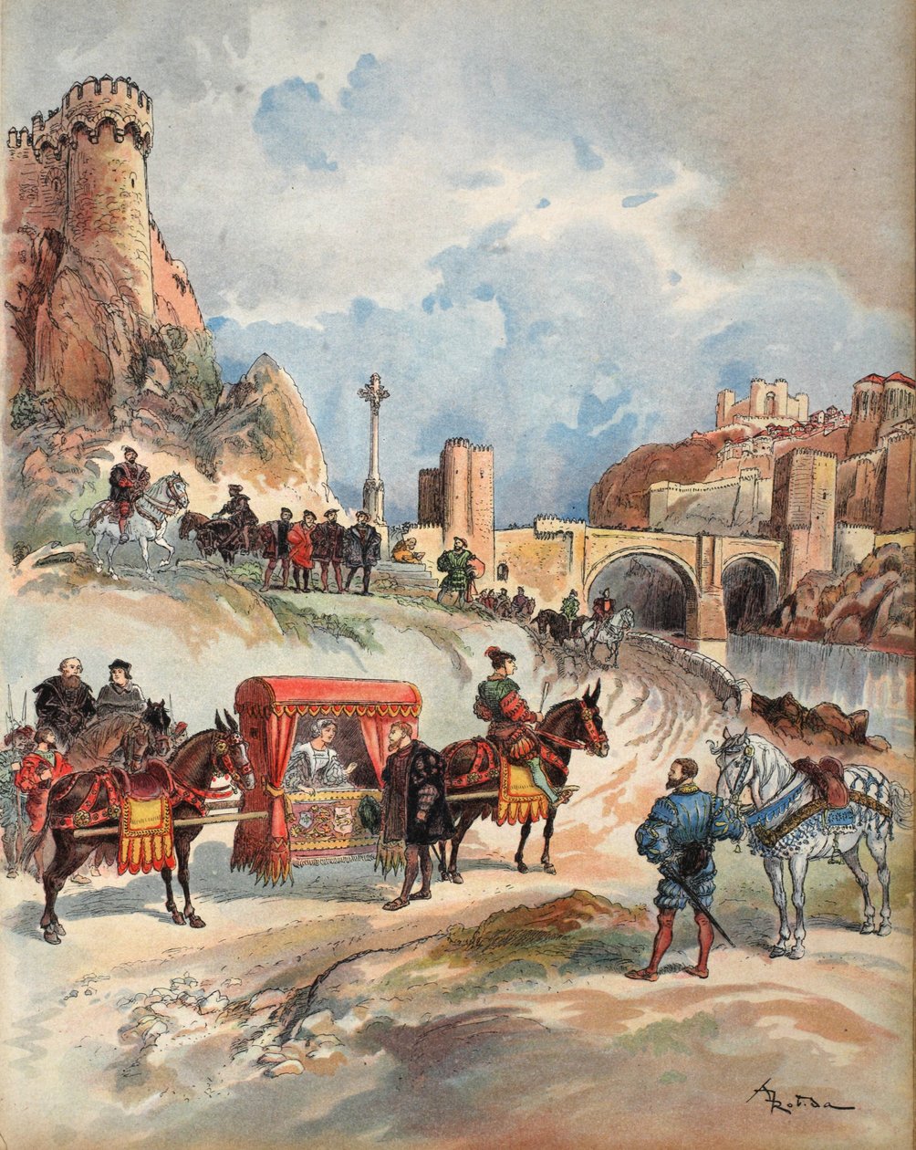 Franciaországi Margit meglátogatja bátyját, illusztráció a "Francois Ier: George G. Toudouze, kiadó: Le Roi Chevalier, George G. Toudouze. 1909 alkotó: Albert Robida