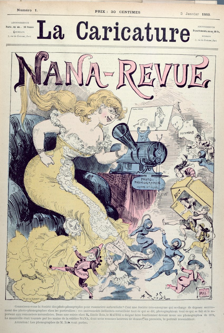 „Nana-Revue”, Emile Zola műveinek karikatúrája és realista regényei, a „La Caricature”-ből, 1880. január 3. alkotó: Albert Robida