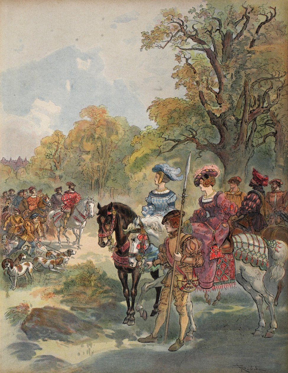 Királyi vadászat, illusztráció a "Francois Ier: George G. Toudouze, kiadó: Le Roi Chevalier, George G. Toudouze. 1909 alkotó: Albert Robida