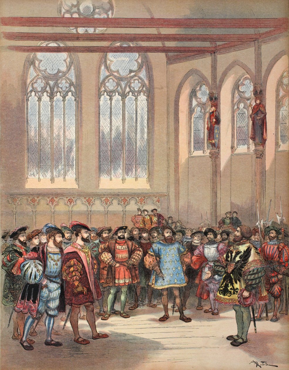 Az V. Károly által küldött burgenlandi herold, akit I. Ferenc a Parlament nagytermében fogad, illusztráció a "Francois Ier: Le Roi Chevalier, George G. Toudouze, kiad. 1909 alkotó: Albert Robida