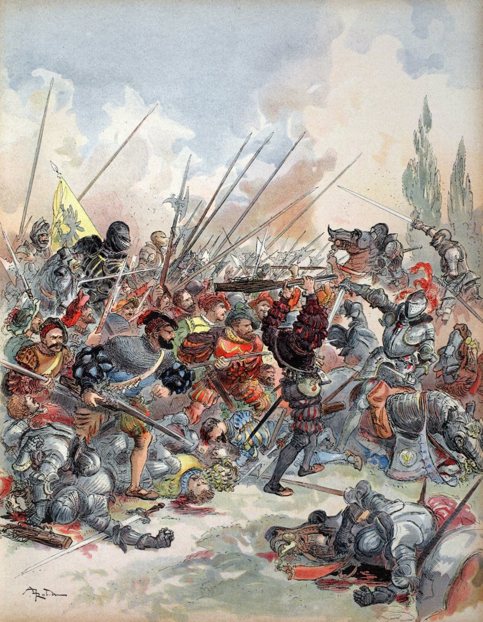 A király a paviai csatában, illusztráció a "Francois Ier: Le Roi Chevalier, George G. Toudouze, kiad. 1909 alkotó: Albert Robida