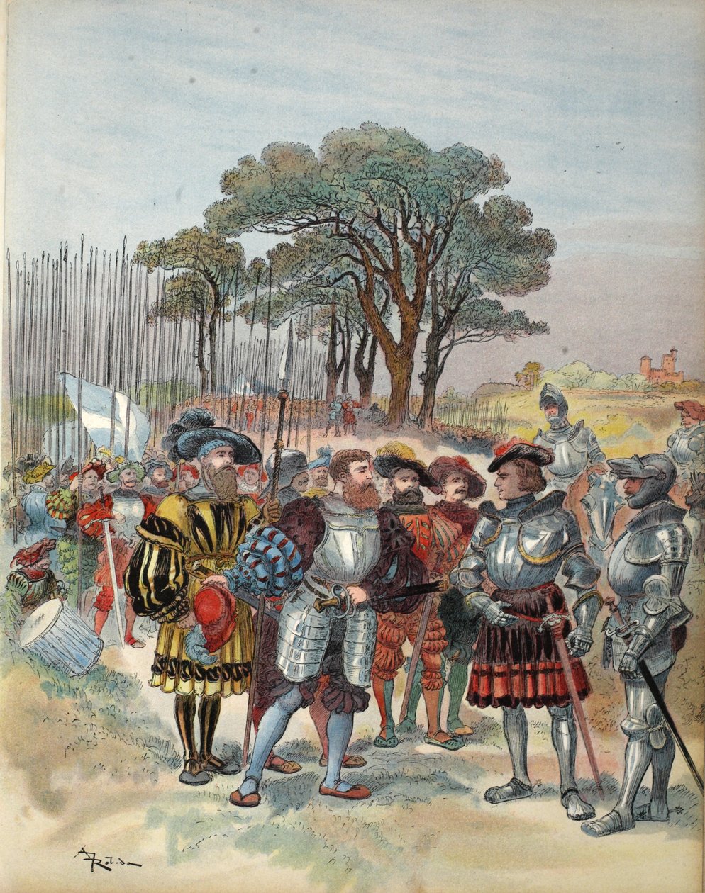 A svájciak a Bicoccában követelik a fizetésüket, illusztráció a "Francois Ier: Le Roi Chevalier, George G. Toudouze, pub. 1909 alkotó: Albert Robida