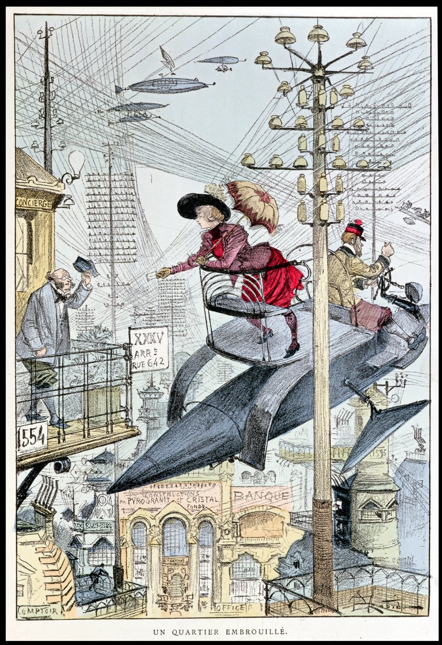 „Un Quartier Embrouille”, karikatúra a 20. századról, a „Le XXeme Siecle”-ből, 1890 körül alkotó: Albert Robida