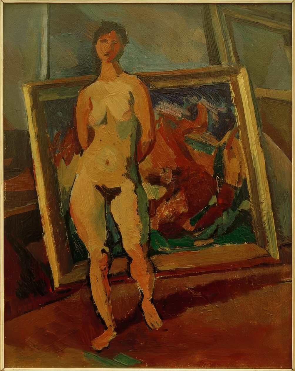 Női akt a stúdióban (Striding Female Nude) alkotó: Albert Weisgerber