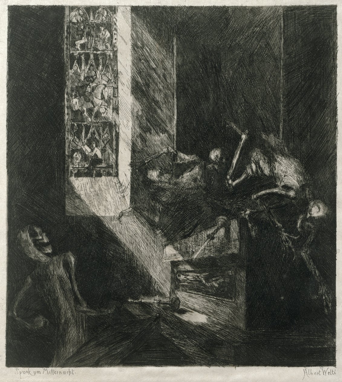 Éjféli jelenés, 1888 (rézkarc japán papírra) alkotó: Albert Welti