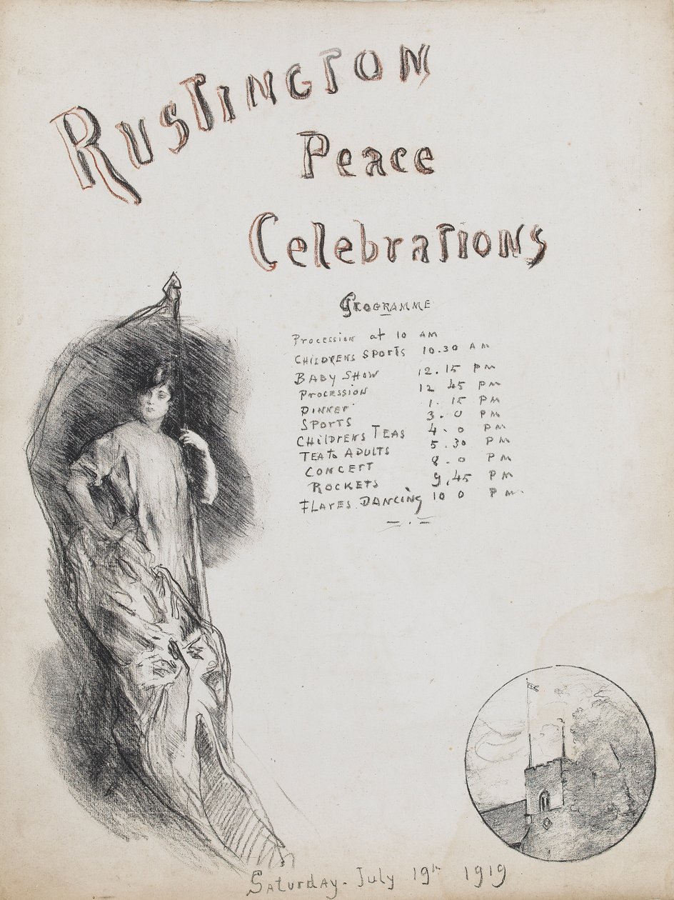 Peace Celebrations, Rustington, 1919 (kőnyomatos zsírkréta szangvinikus kiemelésekkel) alkotó: Albert de Belleroche