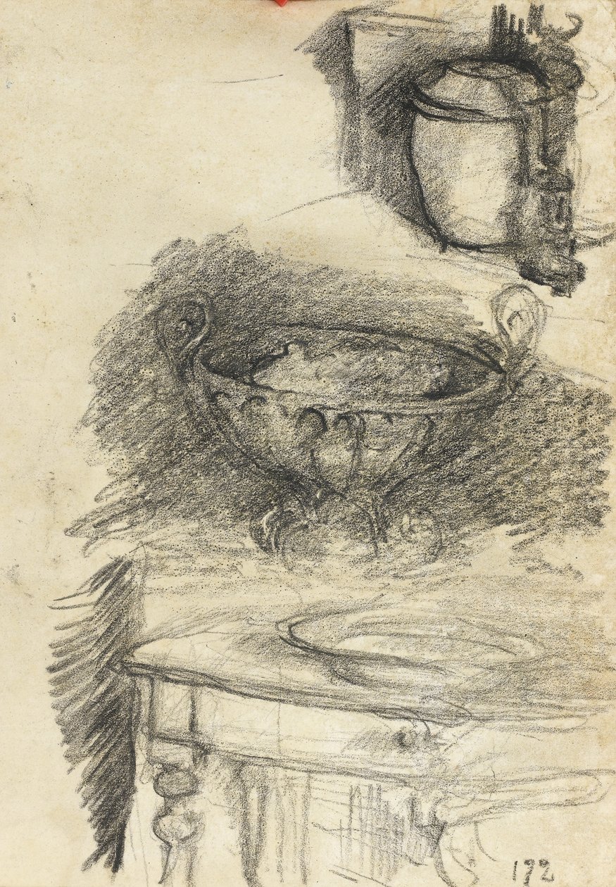 Konyhai eszközök csendélete, 1890 körül (fekete kréta papíron) alkotó: Albert de Belleroche