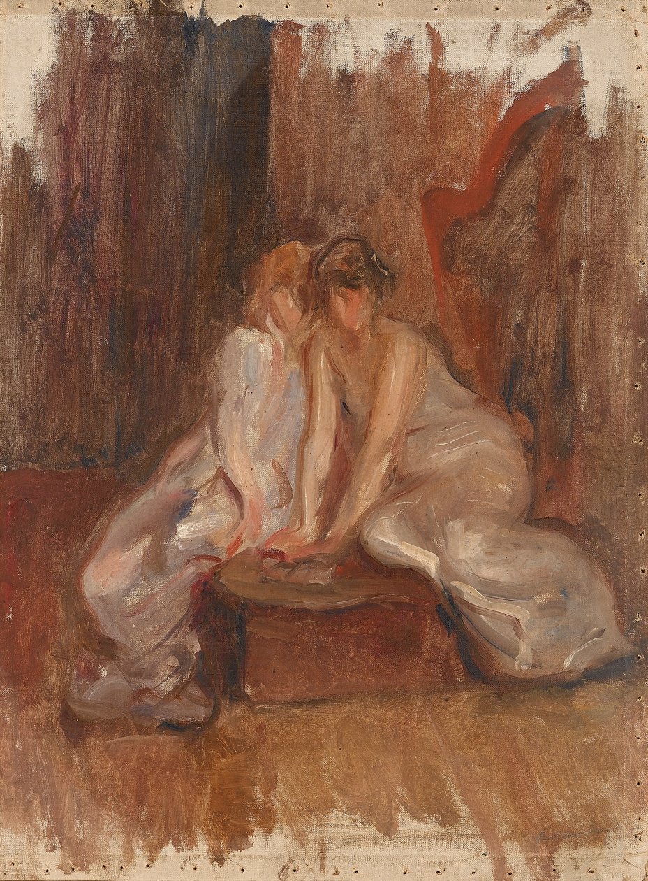Két nő ül egy hárfa mellett - 1900 körül alkotó: Albert de Belleroche