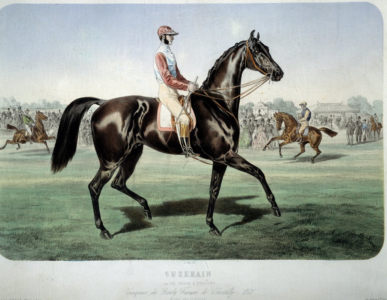 Verseny: „” Suzerain, a Chantilly derbi győztese 1868-ban”” Albert Adam (1833-?) Magángyűjtemény litográfiája alkotó: Albert Adam