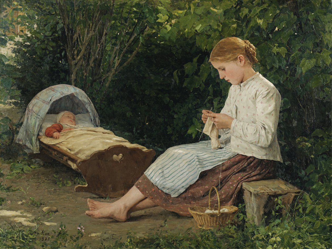 Kötő lány, aki bölcsőben nézi a kisgyermeket, Anker, Albert (1831-1910). Olaj, vászon, mérete: 54x70 alkotó: Albert Anker