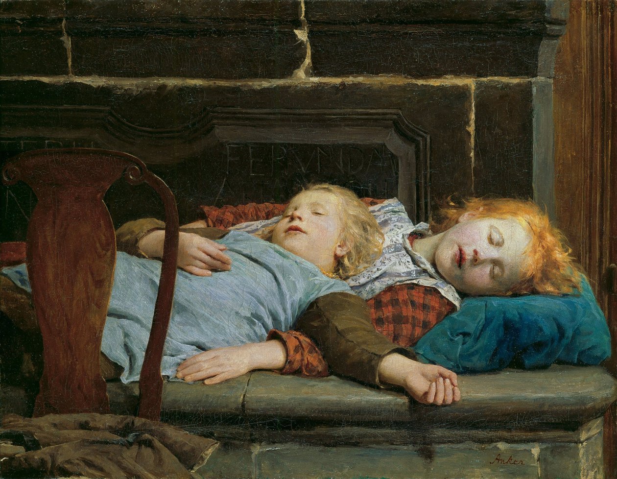 Két alvó lány a kályha padján, Anker, Albert (1831-1910). Olajfestmény alkotó: Albert Anker
