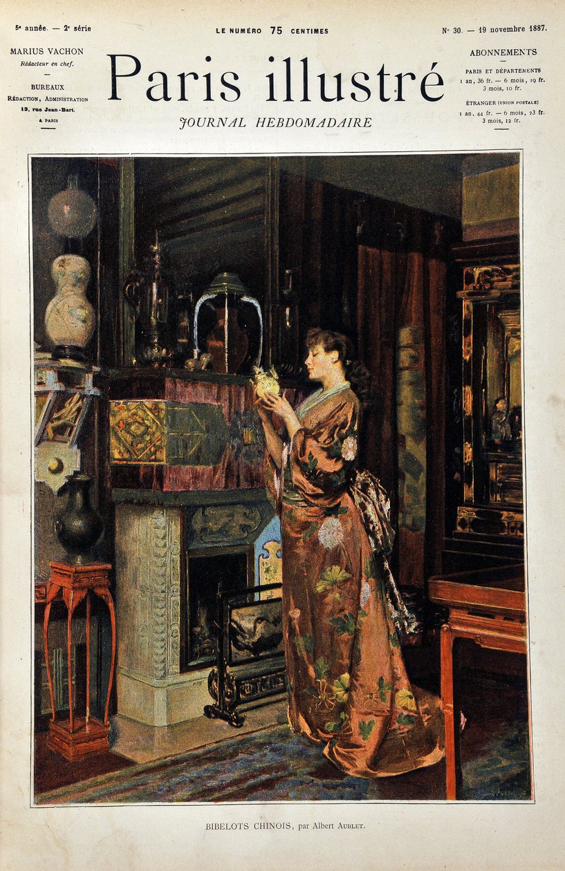 Kínai csecsebecsék Egy keleti ruhába öltözött európai nő kínai tárgyak gyűjteményét figyeli. Albert Aublet (1851-1938) illusztrációja. Metszet 1887-ből a „” Paris-Illustrous folyóirat hetilapjában”. alkotó: Albert Aublet