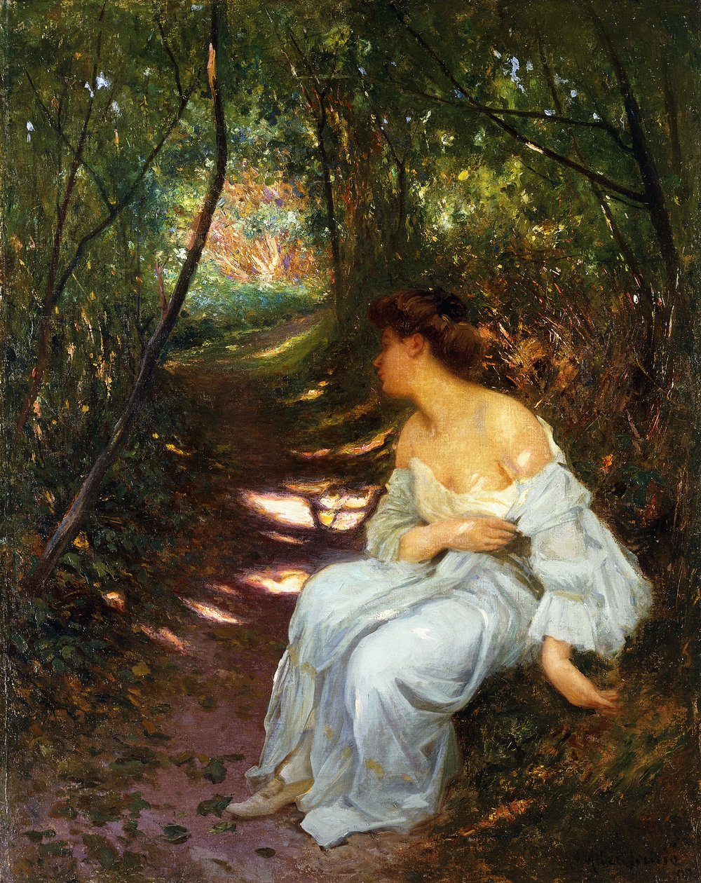 Egy fiatal nő ül egy erdős ösvényen, 1908 alkotó: Albert Auguste Fourie