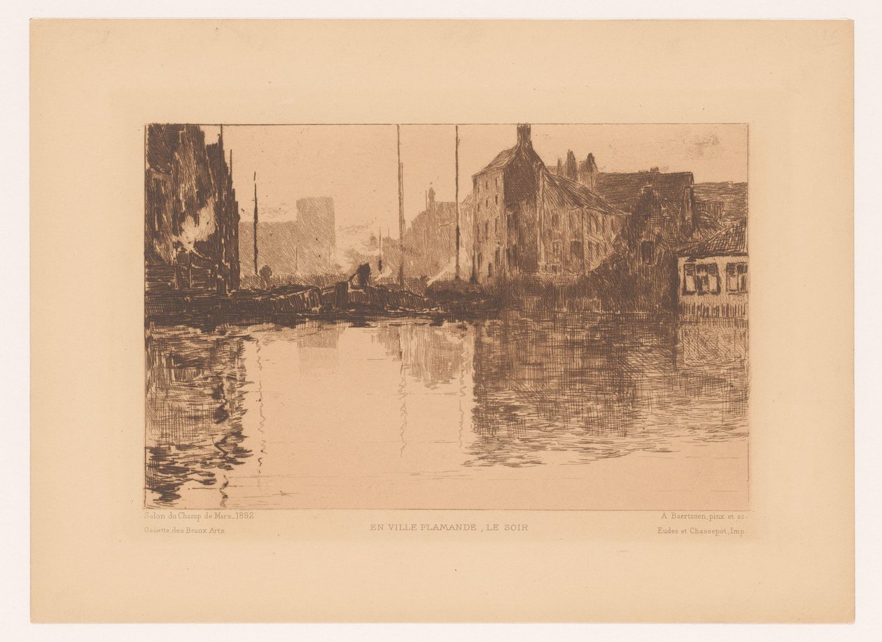 Kikötőre néző Flandriában En ville Flamande, le soir (cím a tárgyon) alkotó: Albert Baertsoen