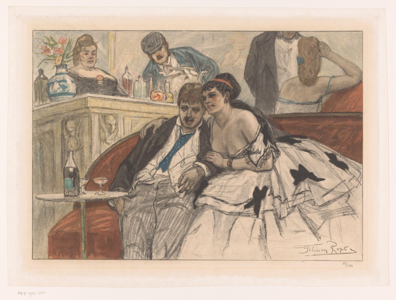 Férfi és nő ül egy piros kanapén a színház bárjában Le gandin ivre alkotó: Albert Bertrand (attributed to)