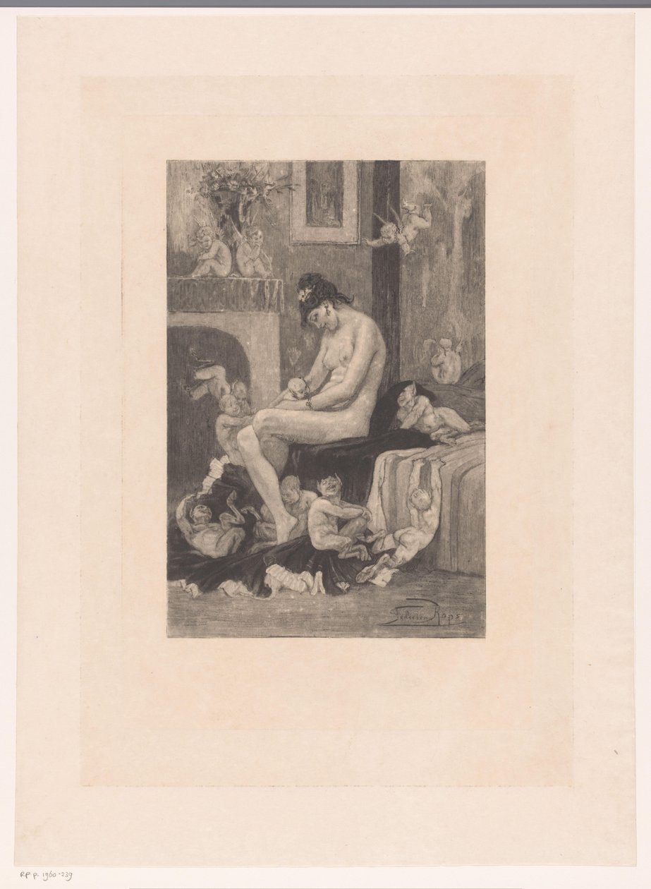 Meztelen nő az ágy szélén, játszadozó démonokkal körülvéve La mere aux Satyrions alkotó: Albert Bertrand (attributed to)