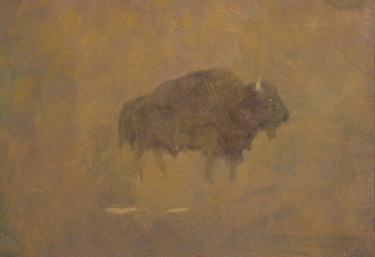 Bivaly homokviharban (olaj a fedélzeten, papíron) alkotó: Albert Bierstadt