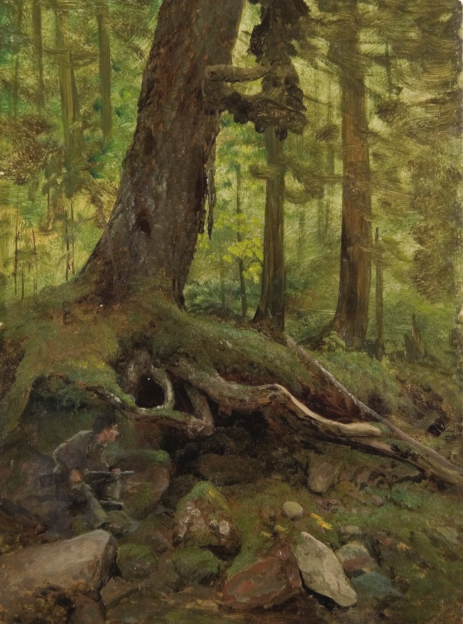 Vadász a Fehér-hegységben, Glen House közelében (részlet) alkotó: Albert Bierstadt