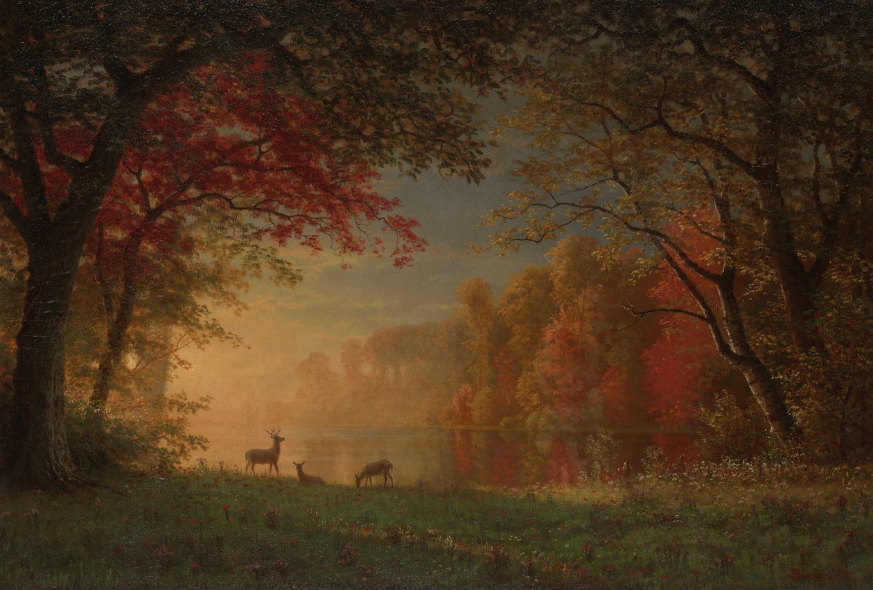 Indiai naplemente: Szarvas a tó mellett alkotó: Albert Bierstadt