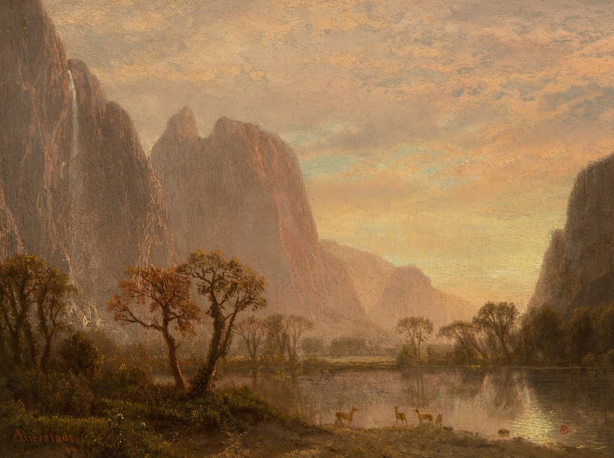 Sentinel-vízesés és Cathedral Peaks a Yosemite-völgyben alkotó: Albert Bierstadt