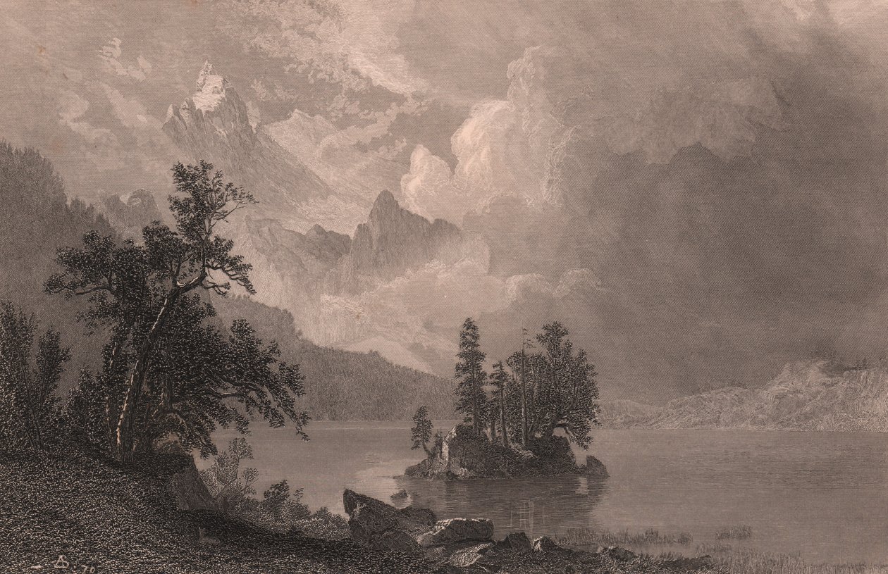 View of Lake Esther, Sierra Nevada, California, United States, steel engraving by Robert Hinshelwood (1812-after 1875) after painting by Albert Bierstadt (1830-1902), circa 19x14 cm alkotó: Albert Bierstadt