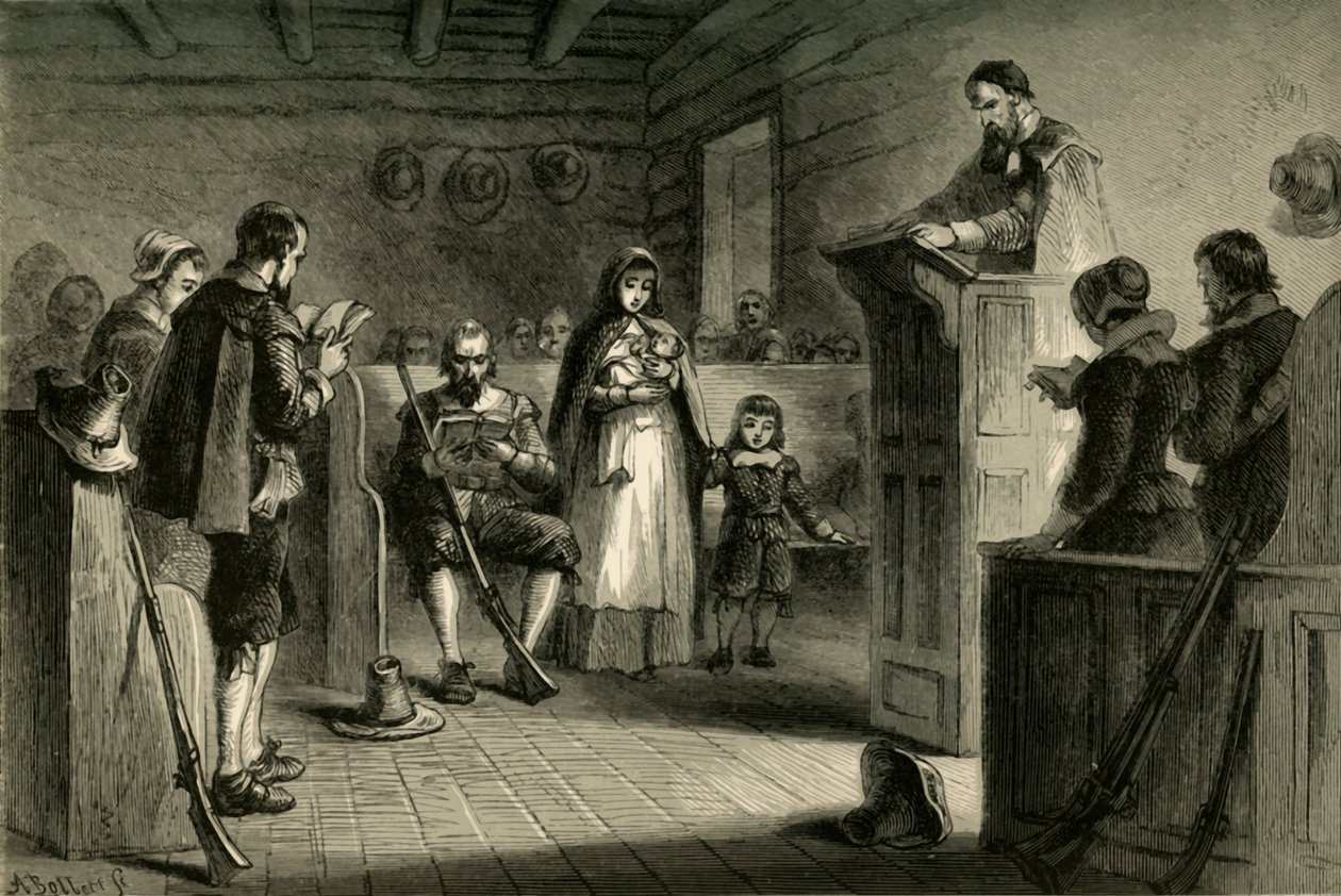 A zarándokok nyilvános istentisztelete Plymouthban, 1877. alkotó: Albert Bobbett