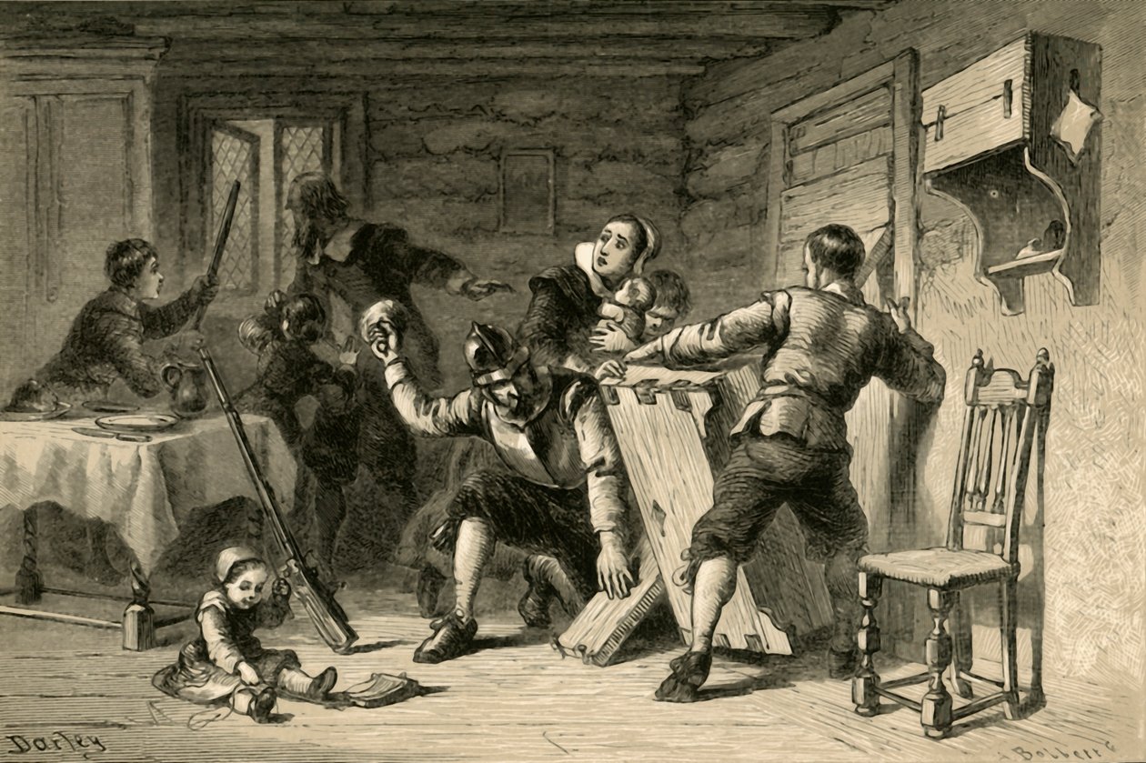A puritánok elbarikádozzák házukat az indiánok ellen, 1877. alkotó: Albert Bobbett