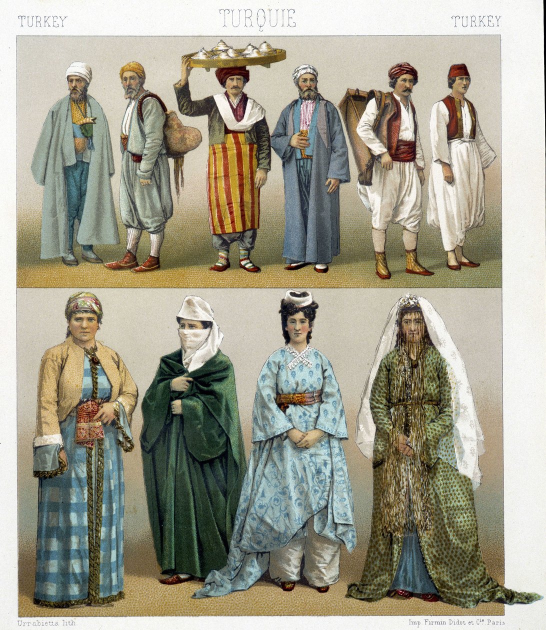 19. századi török viseletek. Illusztráció Racinet „Le costume historique” című könyvében alkotó: Albert Charles August Racinet