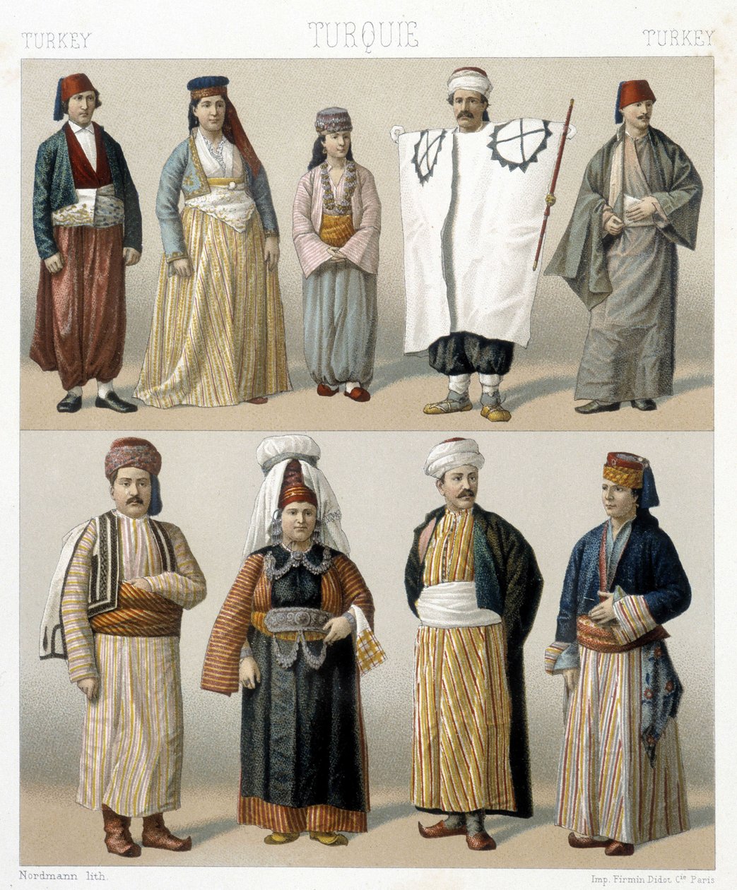 19. századi török viseletek. Illusztráció Racinet „Le costume historique” című könyvében alkotó: Albert Charles August Racinet