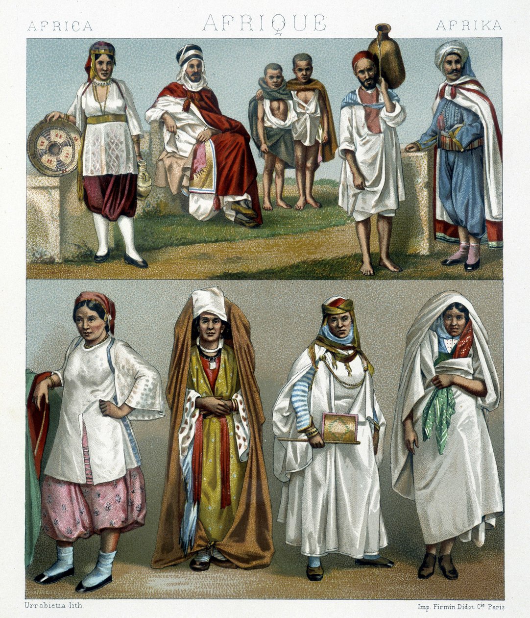 Barbár jelmezek (Afrika). Illusztráció: Racinet „A történelmi jelmez” című könyvében alkotó: Albert Charles August Racinet