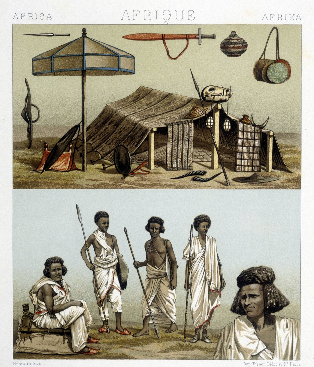 Tábor és hagyományos ruházat Núbiából. Illusztráció: Racinet „Le costume historique” című könyvében alkotó: Albert Charles August Racinet