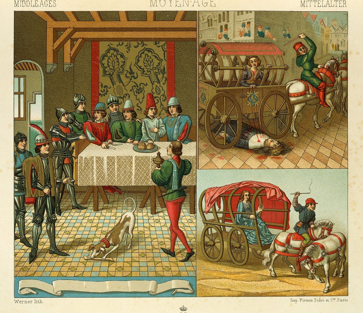 A kastély élete és közlekedési eszközei a 14. században, Racinet Auguste illusztrációja A teljes jelmeztörténetből alkotó: Albert Charles August Racinet