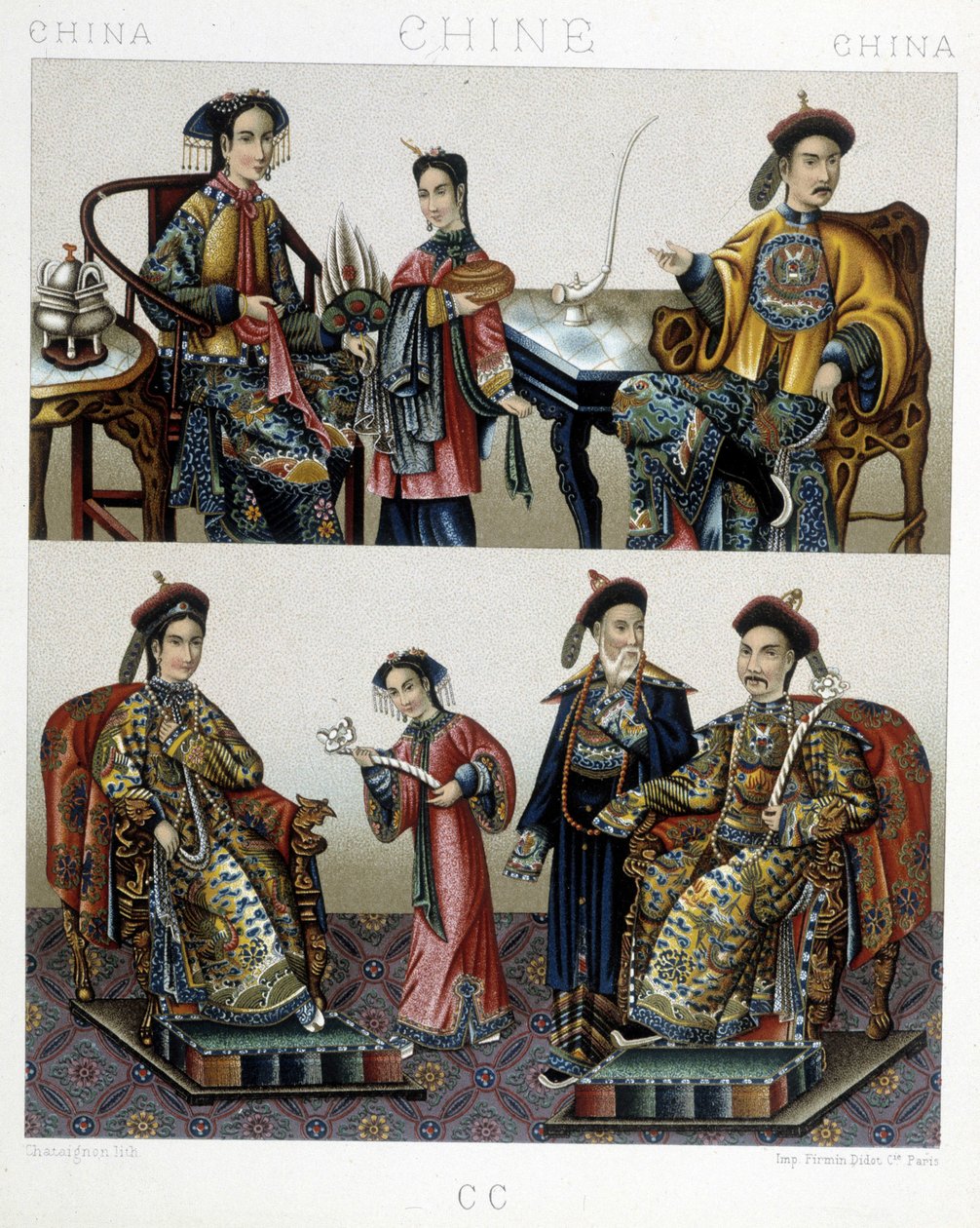Kínai arisztokrácia – Racinet „” Le costume historique” című könyvében alkotó: Albert Charles August Racinet