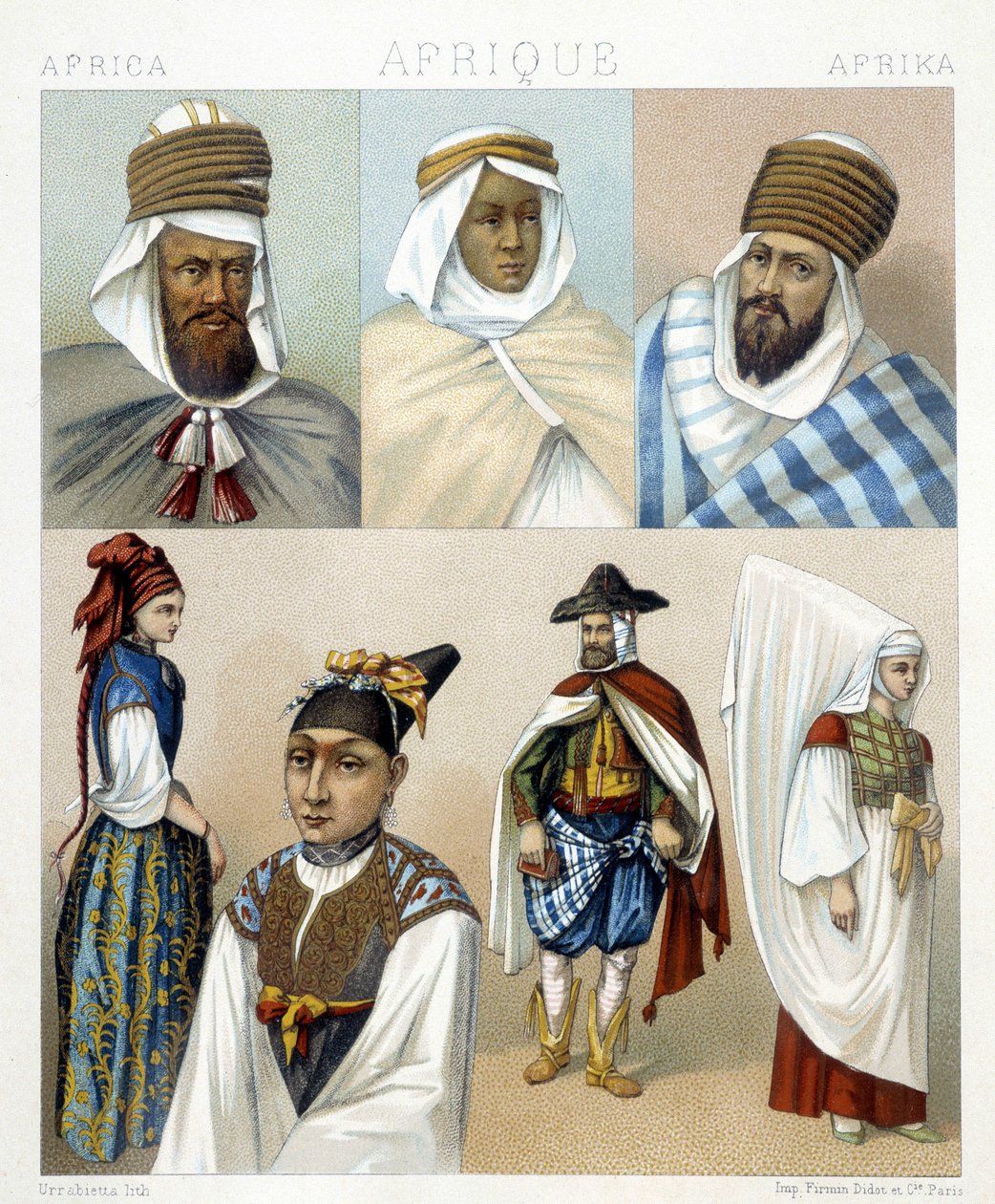 Jelmezek és frizurák Algériából. Illusztráció: Racinet „Le costume historique” című könyvében alkotó: Albert Charles August Racinet