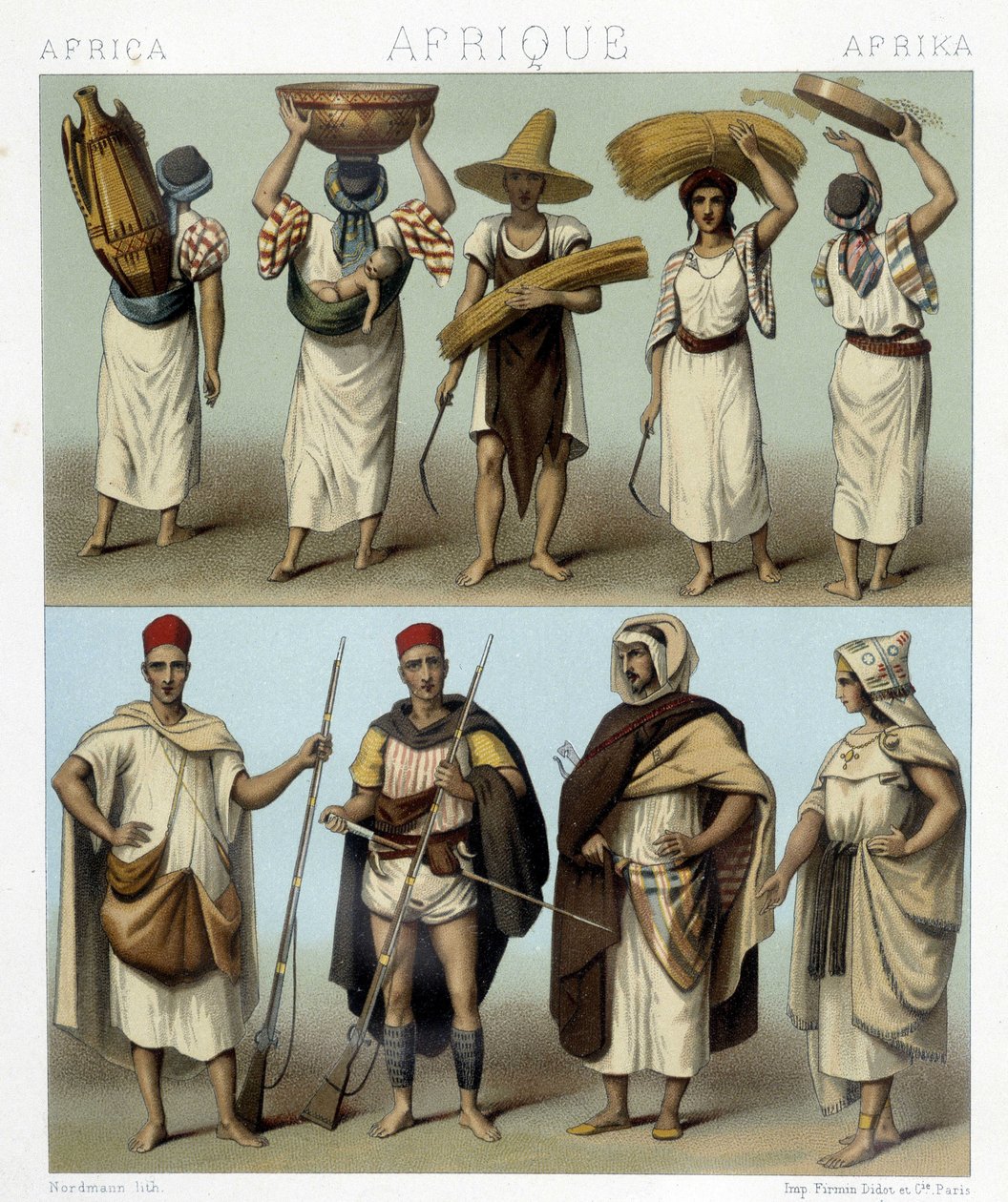Algéria és Tunézia jelmezei. Illusztráció Racinet „Le costume historique” című könyvében alkotó: Albert Charles August Racinet