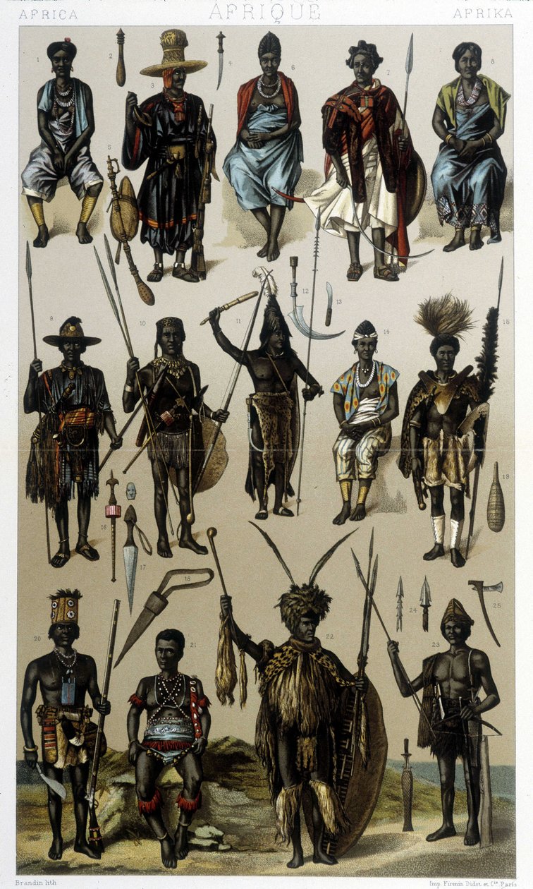 Guinea, Szenegál és Gabon jelmezei. Illusztráció Racinet „Le costume historique” című könyvében alkotó: Albert Charles August Racinet
