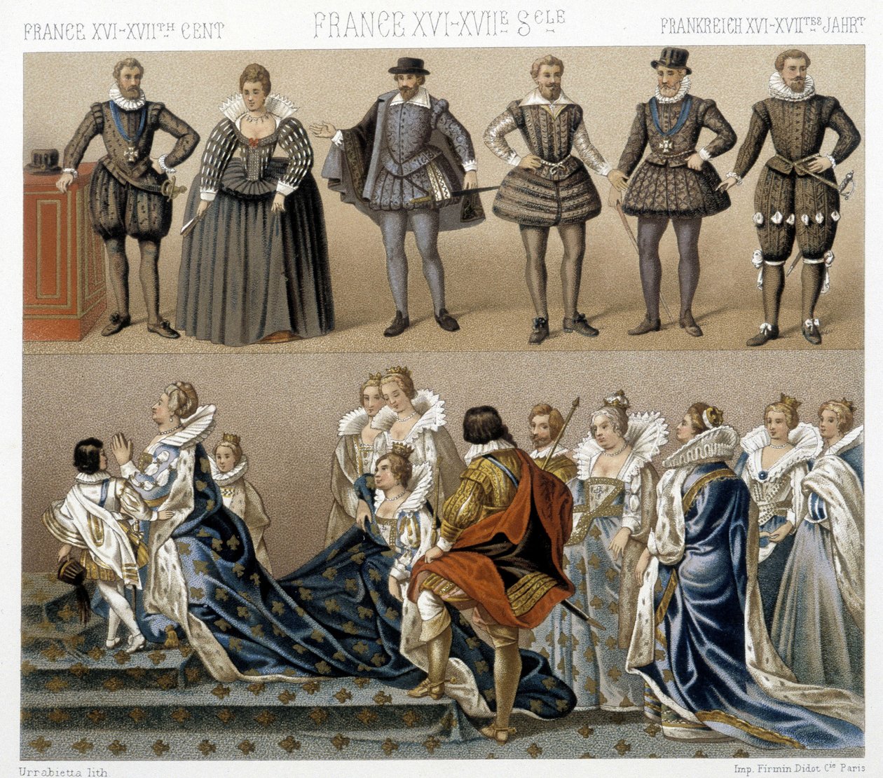 Marguerite francia királynő (alul) és IV. Henrik (fent) jelmezei a 17. és 18. században. Illusztráció: Racinet „Le costume historique” című könyvében alkotó: Albert Charles August Racinet