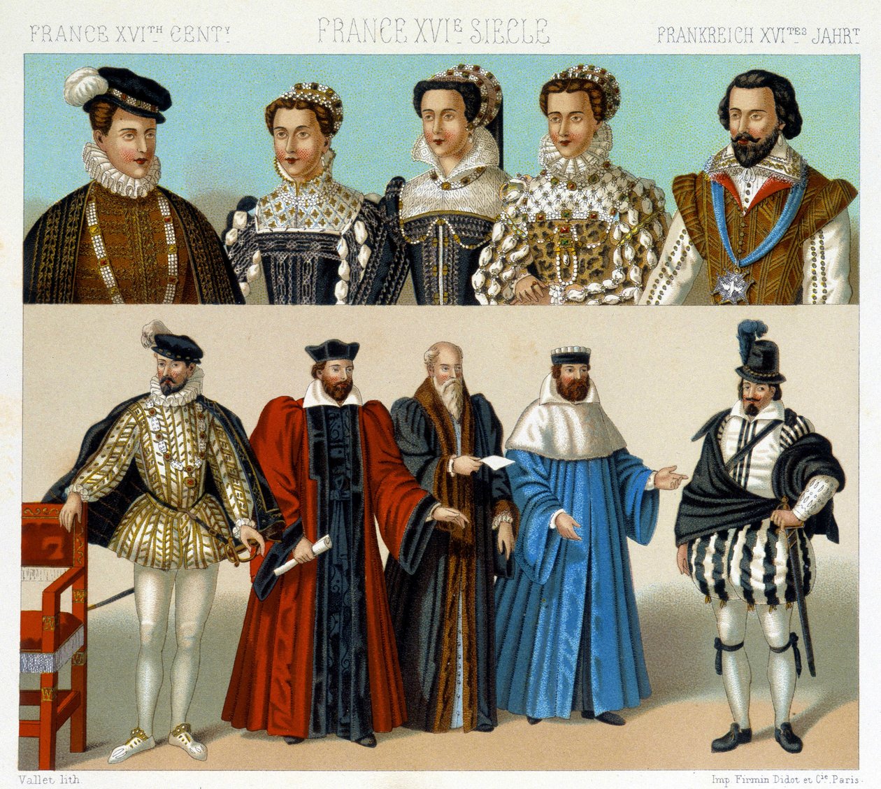 Nemesek és magisztrátusok jelmezei Franciaországban a 17. században. Kromolitográfiai lemez – Racinet „” Le costume historique” című könyvében alkotó: Albert Charles August Racinet