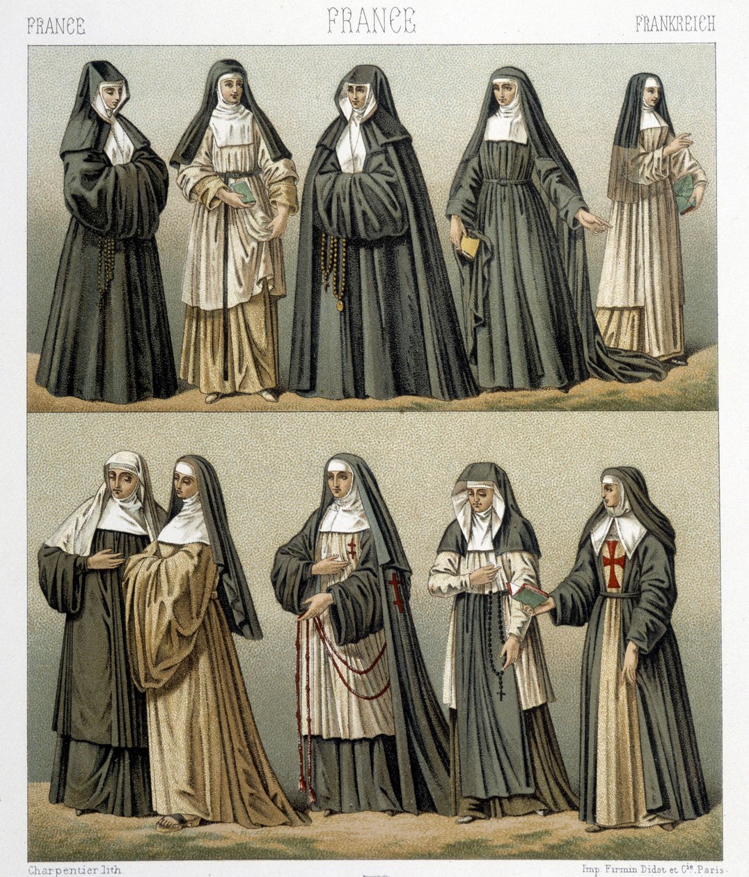 Apácák jelmezei Franciaországban a 18. században. Illusztráció: Racinet „Le costume historique” című könyvében alkotó: Albert Charles August Racinet