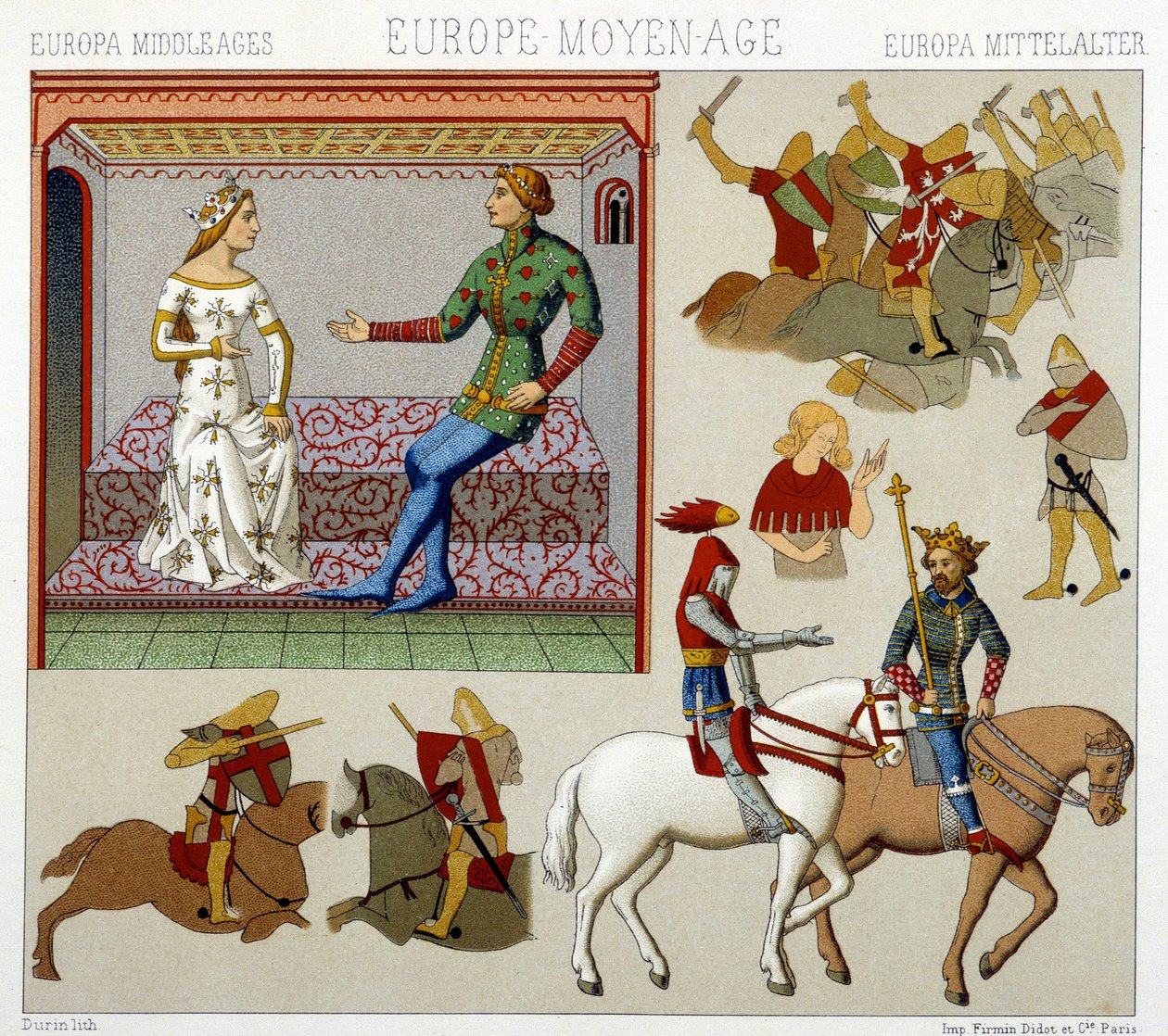 A középkor jelmezei Franciaországban. Kromolitográfiai lemez – Racinet „” Le costume historique” című könyvében alkotó: Albert Charles August Racinet