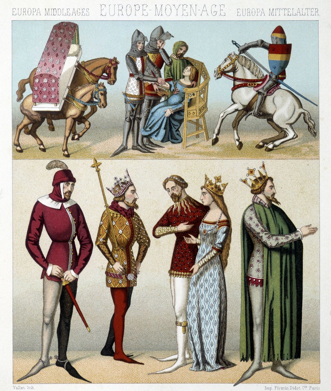 A középkor jelmezei Franciaországban. Illusztráció Racinet „Le costume historique” című könyvében alkotó: Albert Charles August Racinet