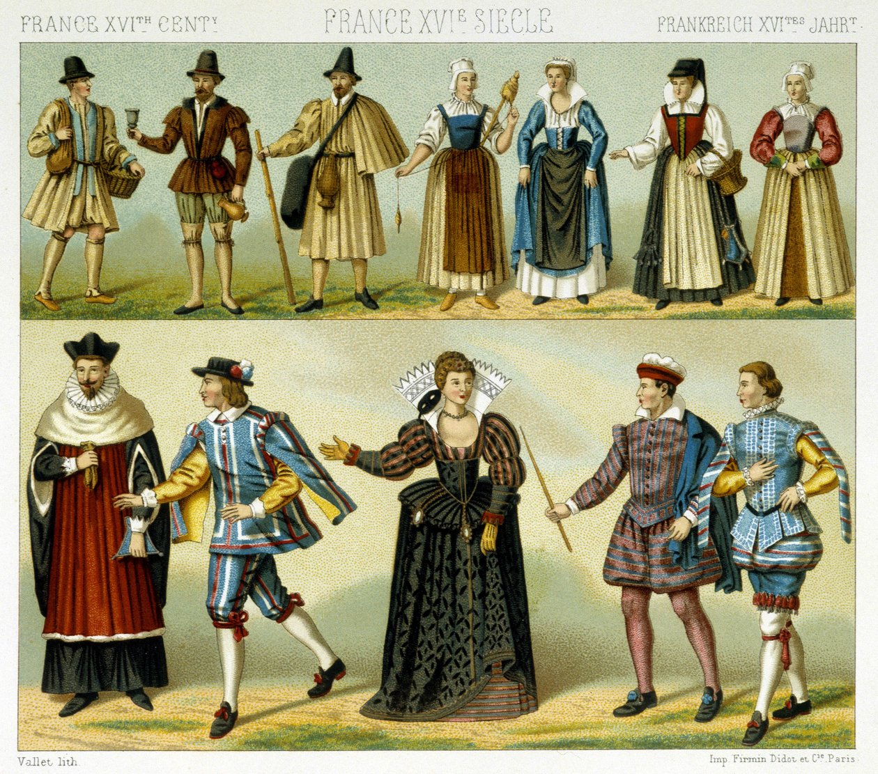 századi francia nemesség és népviselet. Kromolitográfiai lemez – Racinet „” Le costume historique” című könyvében alkotó: Albert Charles August Racinet
