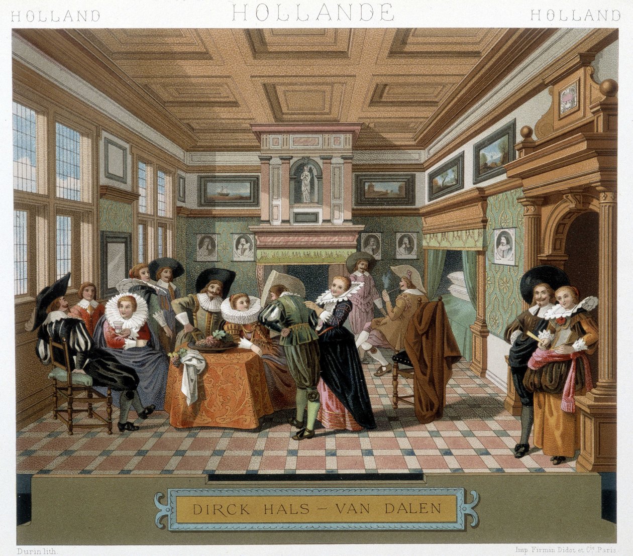 Holland jelmezekben és 18. századi enteriőrben. Illusztráció: Racinet „Le costume historique” című könyvében alkotó: Albert Charles August Racinet