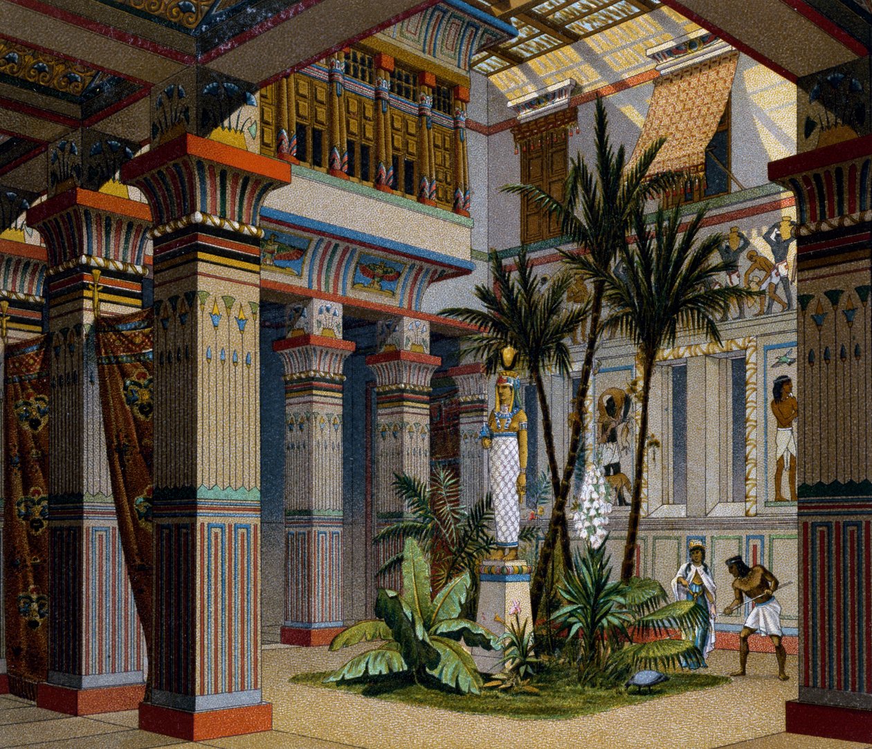 Egyiptom, gazdagok otthonának belseje az ókori birodalomban, Charpentier litográfiája, a Le Costume Historique (Kosztümök története), II. kötetből, Auguste Racinet alkotó: Albert Charles August Racinet