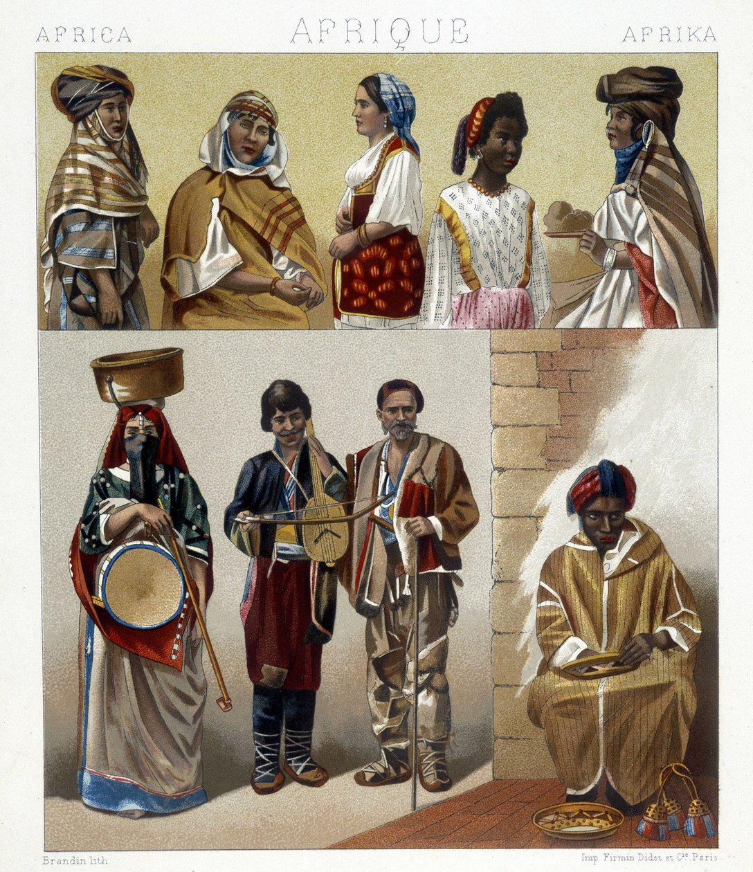 Egyiptomi jelmezek. Illusztráció Racinet „A történelmi kosztüm” című művében alkotó: Albert Charles August Racinet