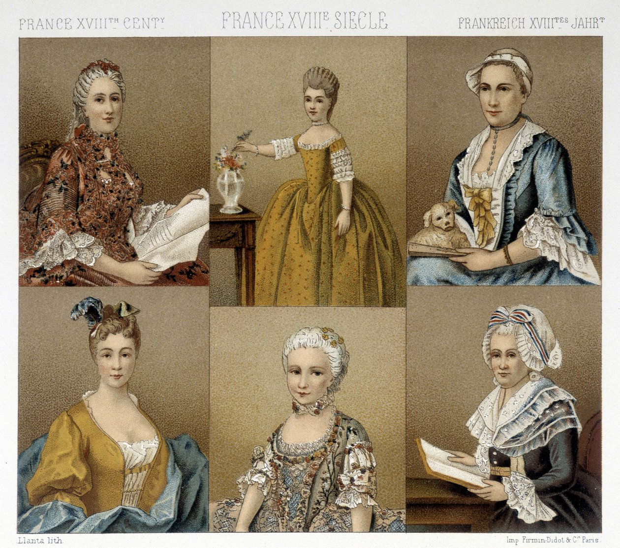 Francia női divat a 18. században. Illusztráció: Racinet „Le costume historique” című könyvében alkotó: Albert Charles August Racinet