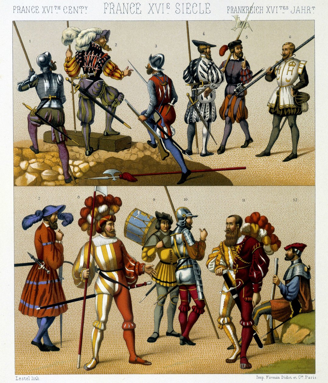 Francia katonai viseletek a 16. században. Kromolitográfiai lemez – Racinet „” Le costume historique” című könyvében alkotó: Albert Charles August Racinet